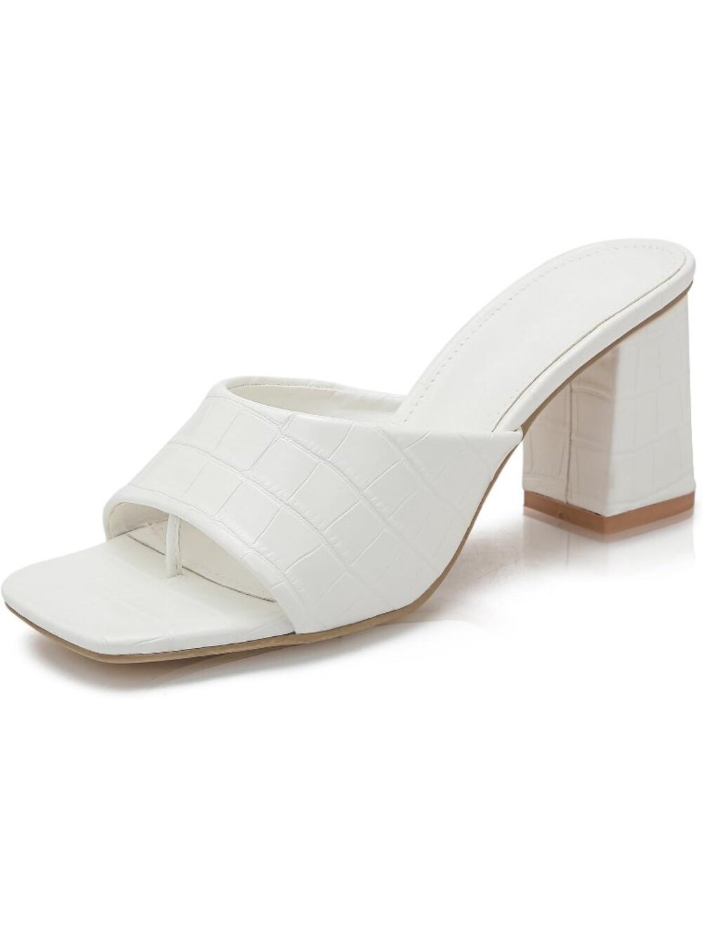 Women's White Faux Leather 3-Inch Chunky Square Block High Heels Mules Sandals